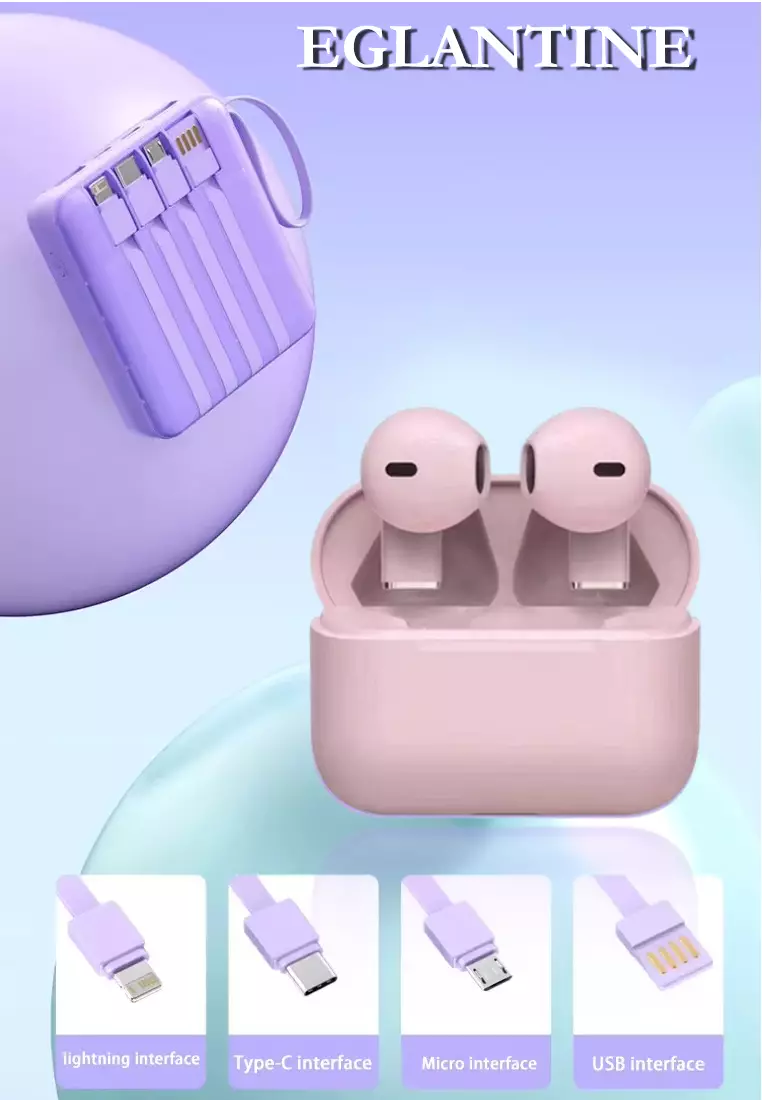 Value Deal - 5s PRO MINI Wireless Earphones - Pink + Multi Plug 120W / 30000mAh Fast Charging Power Bank - Purple