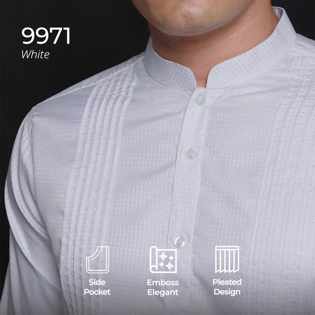 Casella Baju Koko Pria Lengan Panjang Pleats Design | Baju Koko Putih Lengan Panjang 9971 White