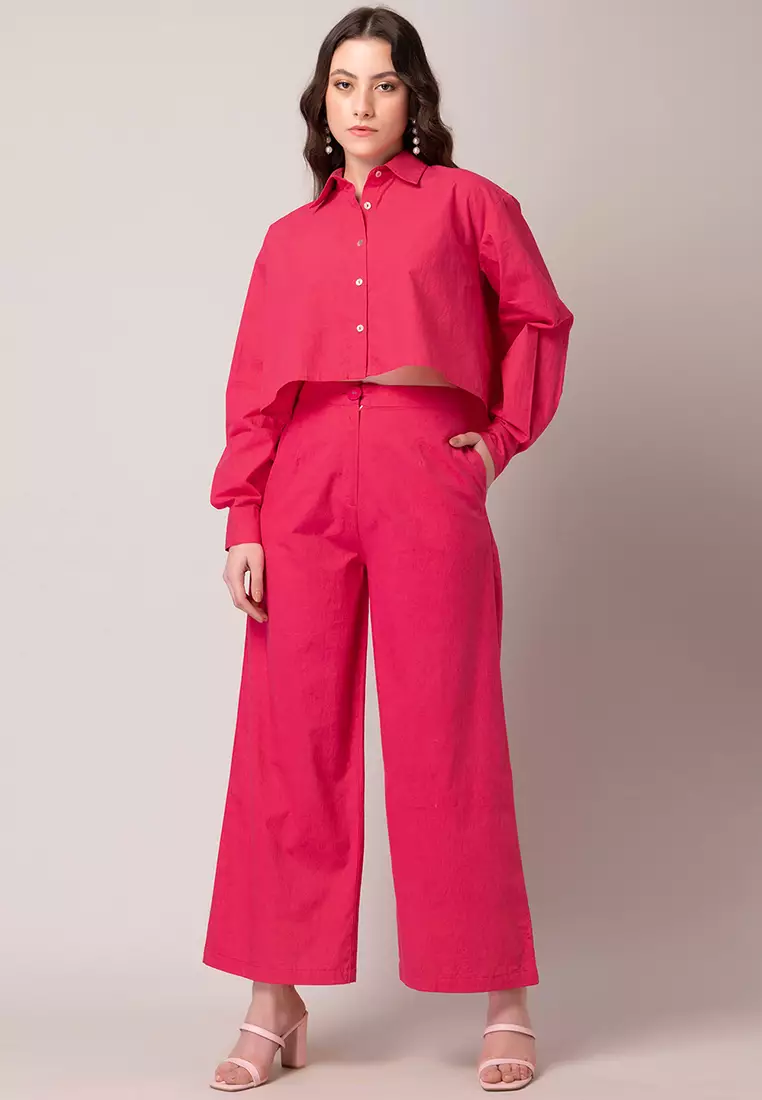 Hot Pink Buttoned Cotton Shirt And Pants Co-ord Set