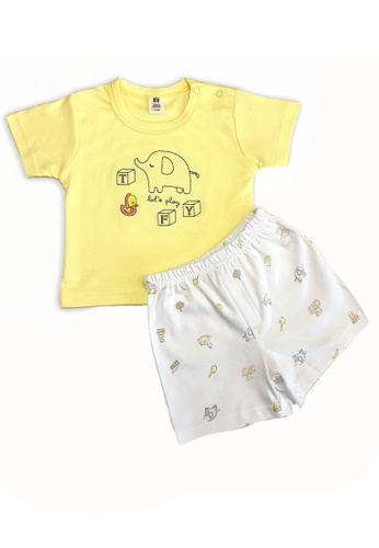 Toffyhouse white and yellow Toffyhouse E is for Elephant Playtime T-shirt & Shorts Set E46DCKADD45D4AGS_1