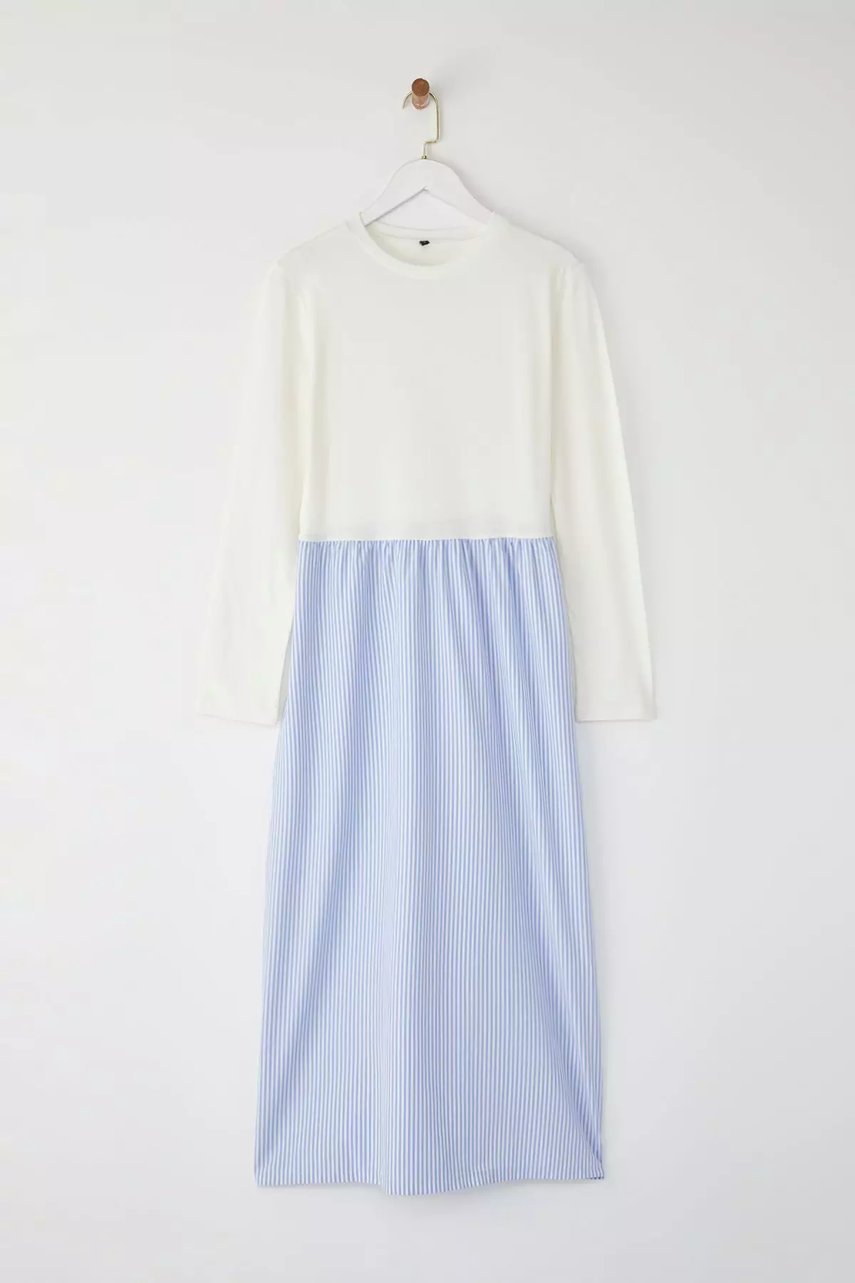 Blue Striped Woven Fabric Skirted Jersey Knit Dress Tctss25Eb00146