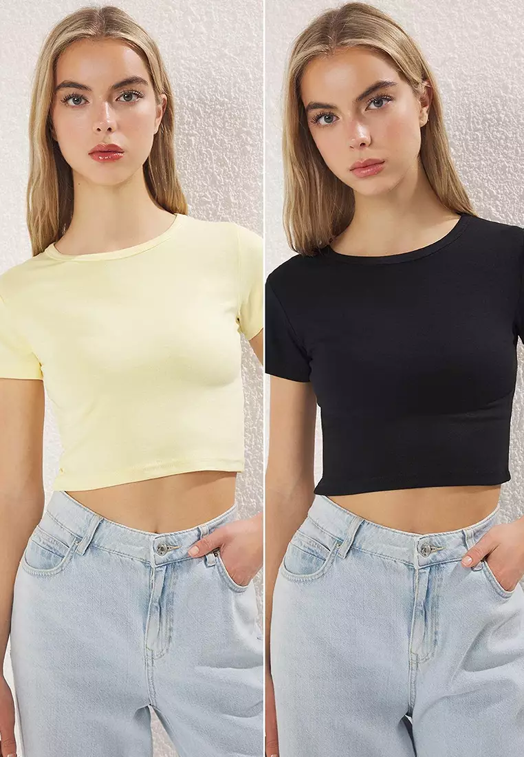 Premium Light Yellow-Black 2'Li Package Crop Soft Fabric Stretchy Knitted Blouse Twoss23Bz00108