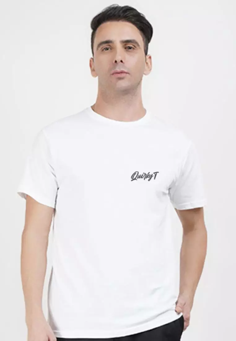 背面印花摇滚白色棉质短袖圆领休闲 T 恤