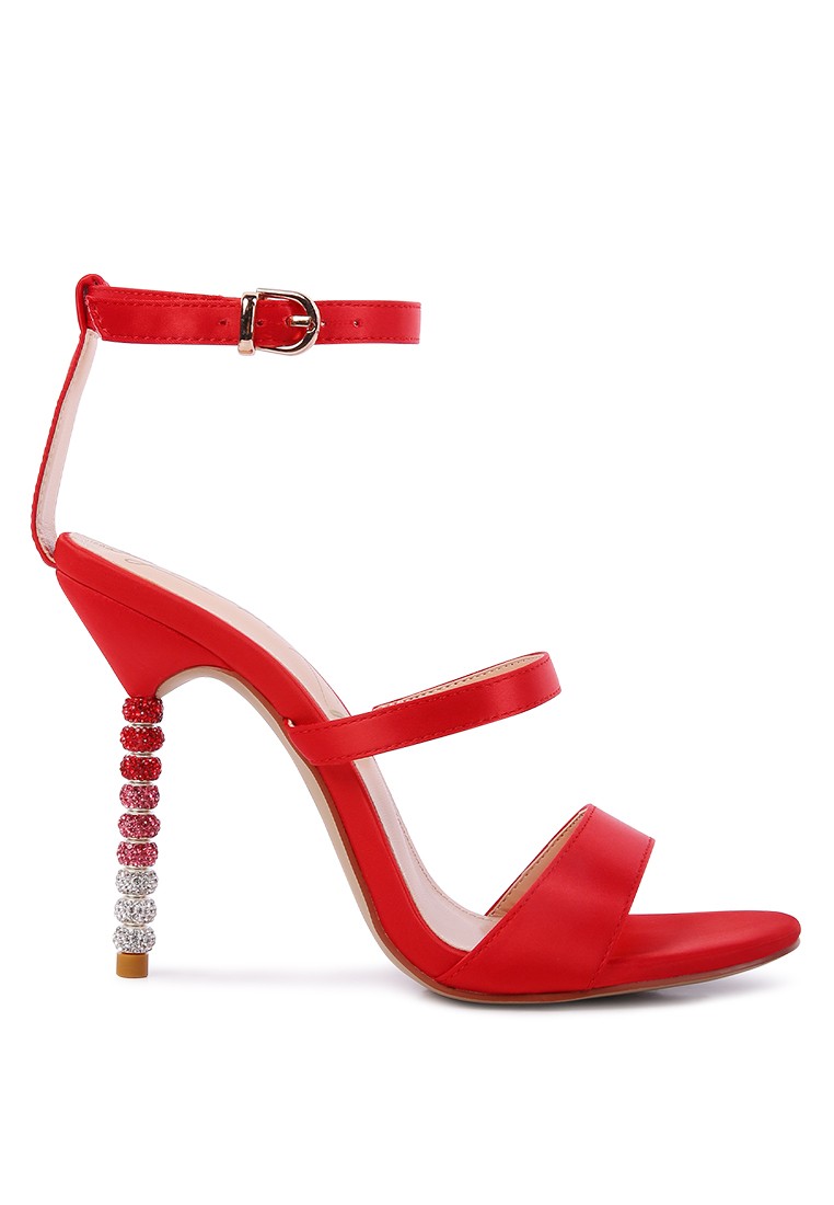 Red Rhinestone Ball Heel Satin Sandals