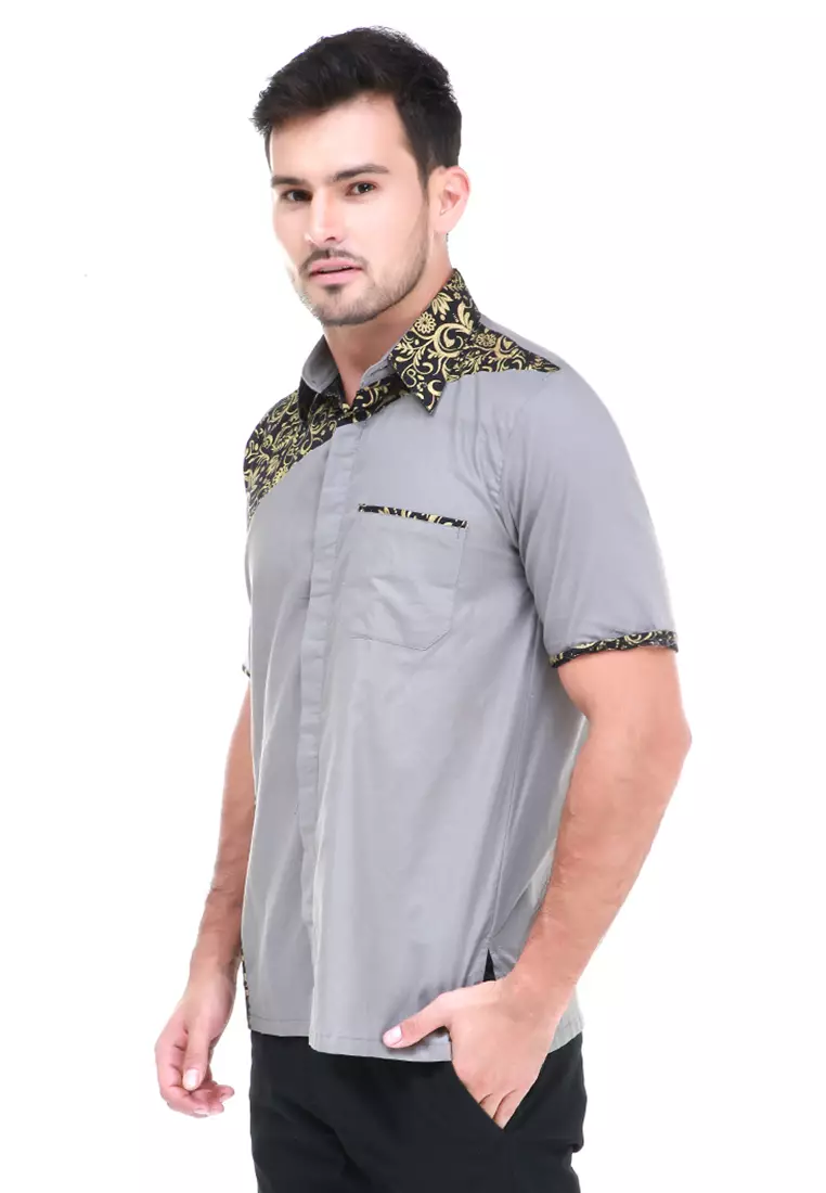Dwan Kemeja Batik Pria Right Side Atasan Formal Shortsleeve Shirt Material Cotton ORIGINAL - Grey