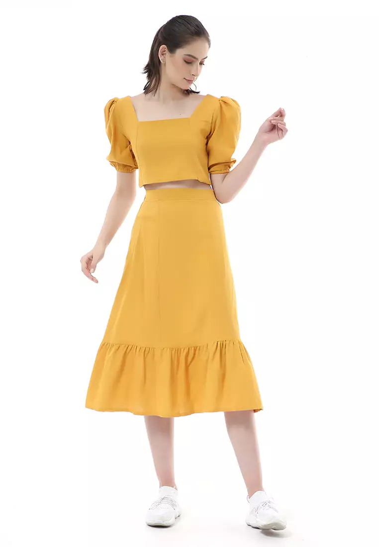 Nayra One Set Setelan Wanita Blouse Ruffle Lengan Pendek Midi Skirt Material Linen ORIGINAL - Mustard