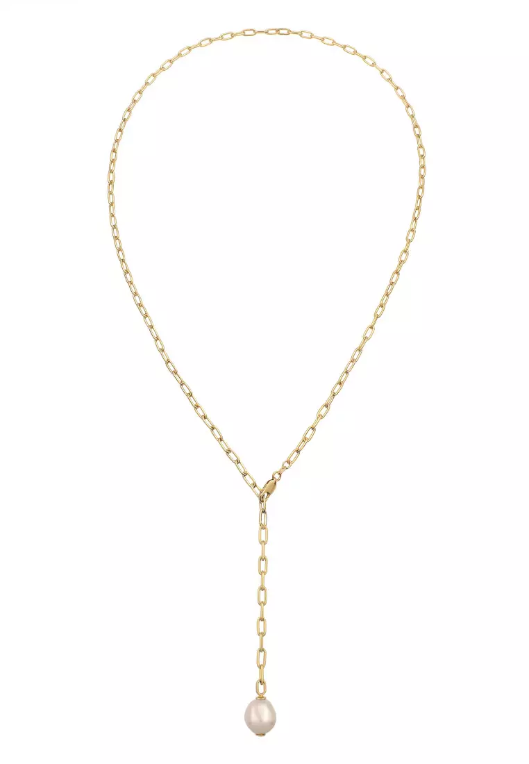 Kalung Perhiasan Perak 925 Wanita Y-chain White Pearl Gold Plated Embellished with Crystal by Swarovski®