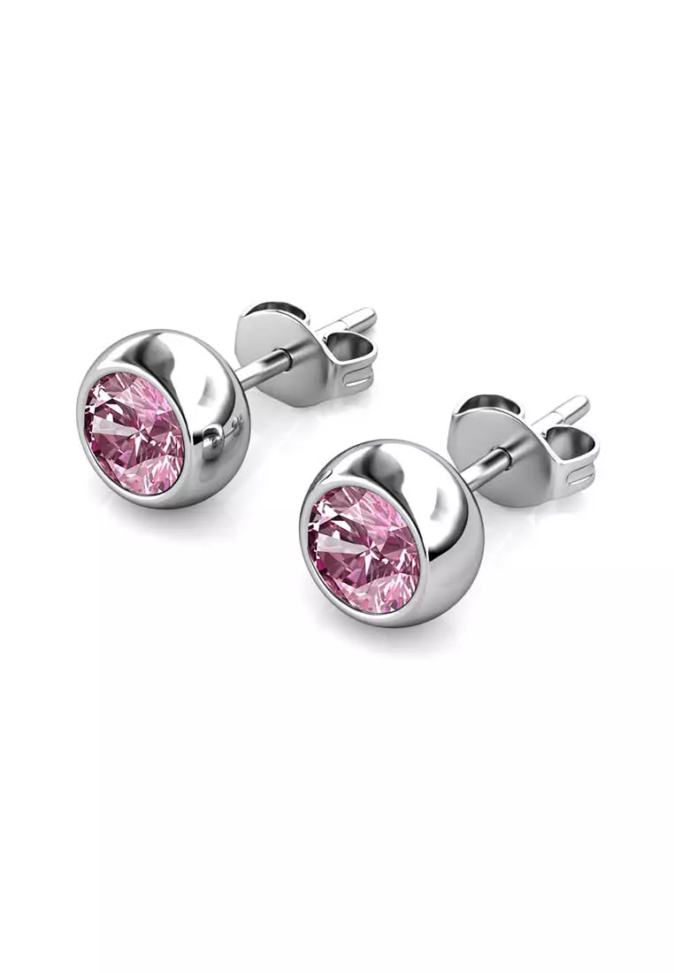 Birth Stone Moon Earring October Pink Tourmaline WG - Anting Crystal Swarovski by Her Jewellery
