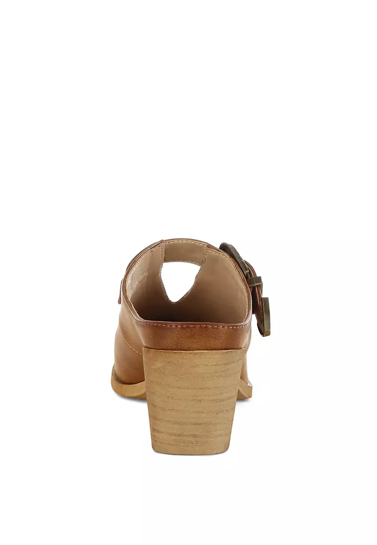 Carved Buckle Statement Mules in Tan
