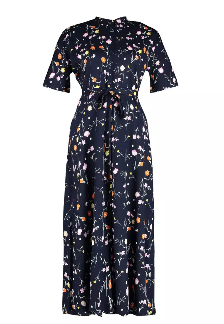 Navy Blue Floral Pattern Woven Slit Detailed Dress Tbbss22El1612