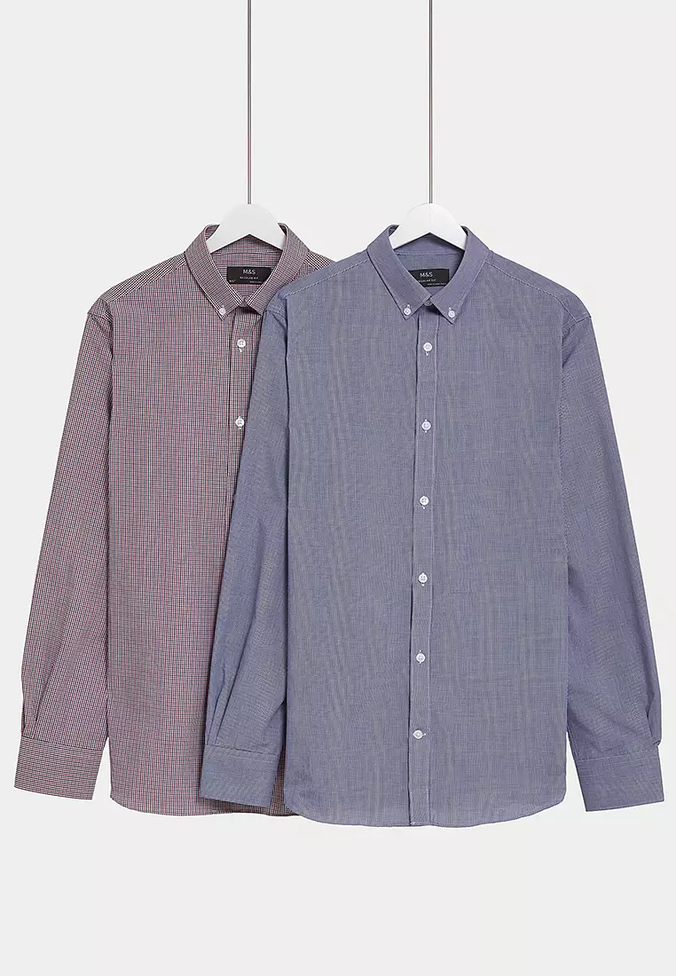 2pk Regular Fit Easy Iron Long Sleeve Checked Shirts