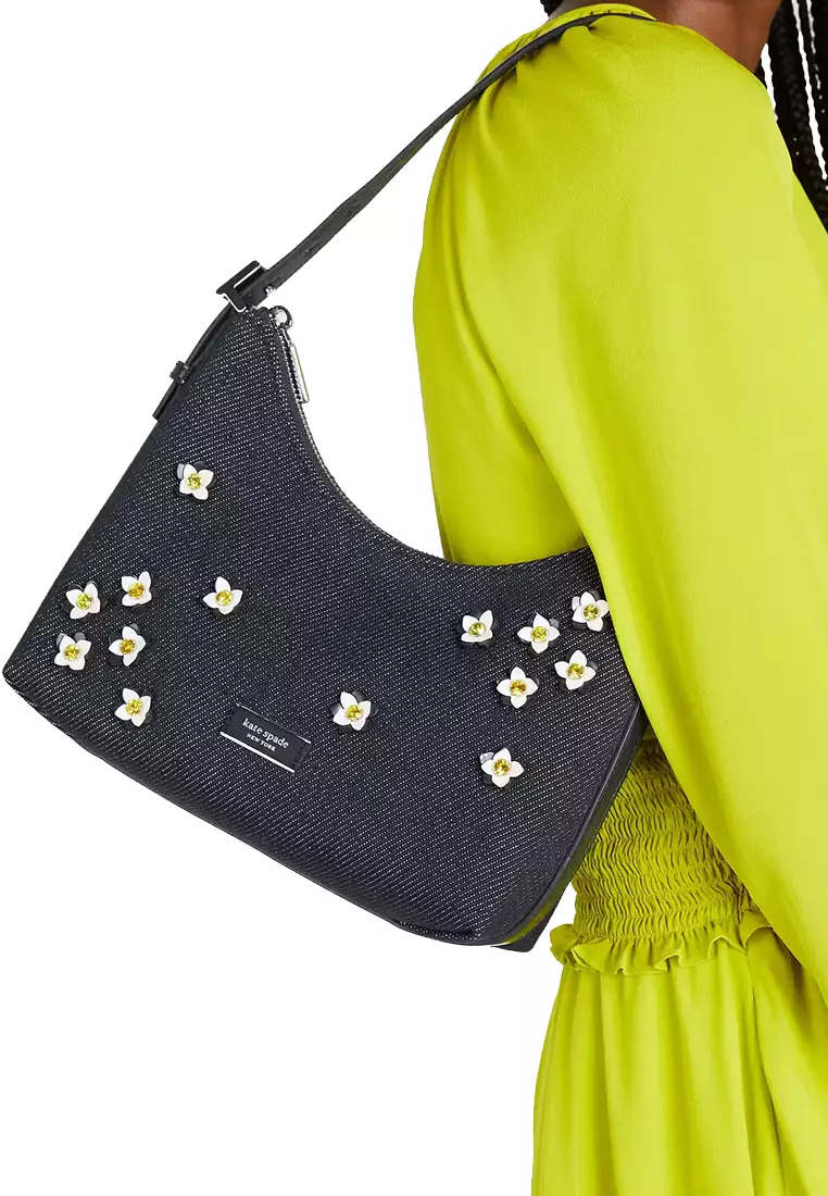 Sam Icon Floral Embellished Denim Small Shoulder Bag in Indigo Multi KB130