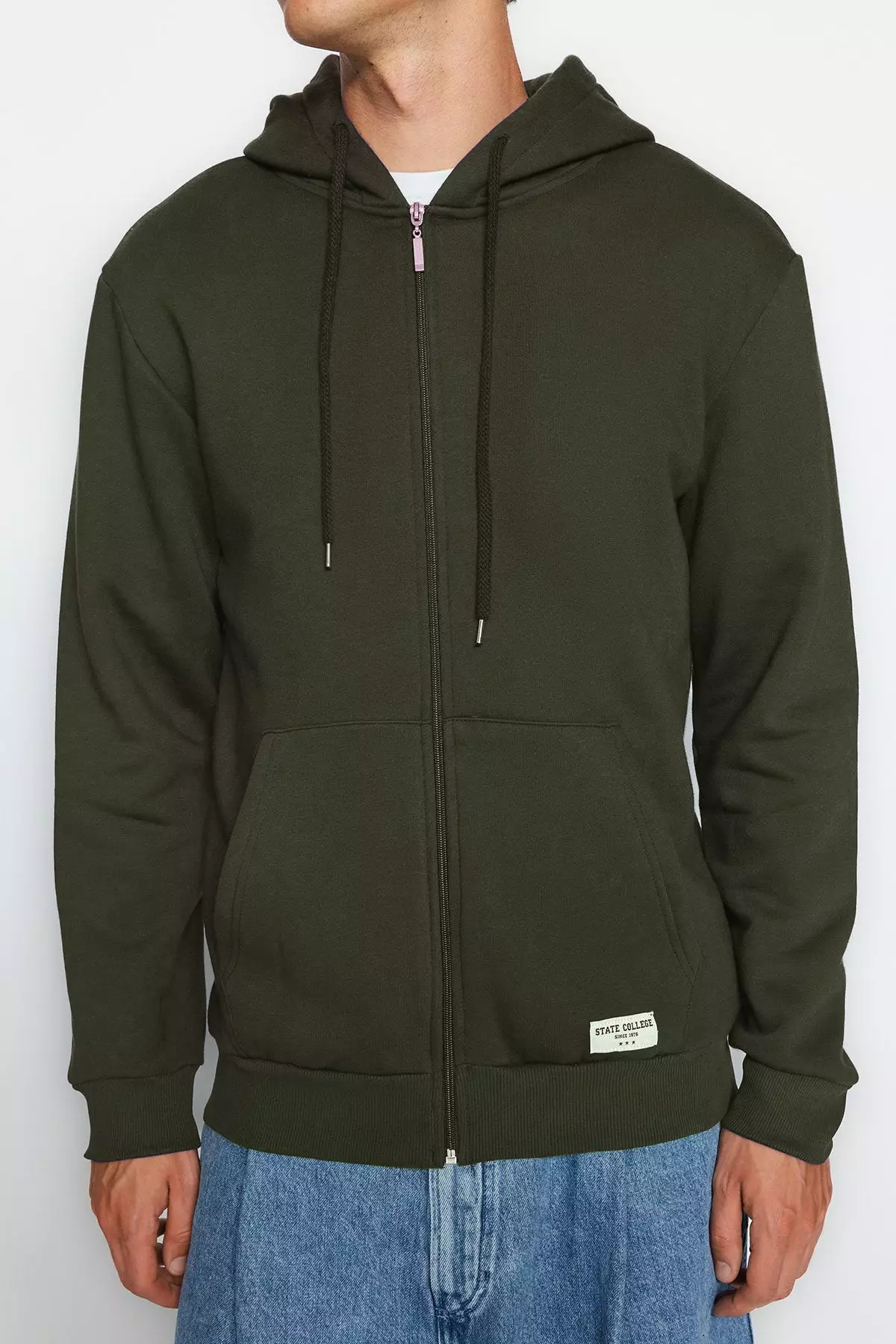 Basic Zipper Hoodie with Embroidered Label Patch
