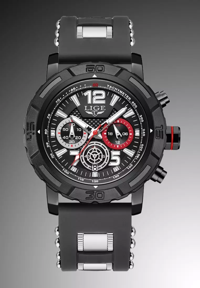 Chronograph Unisex IP Black Stainless Steel Quartz Watch, Black Bezel, Rubber and Metal Strap