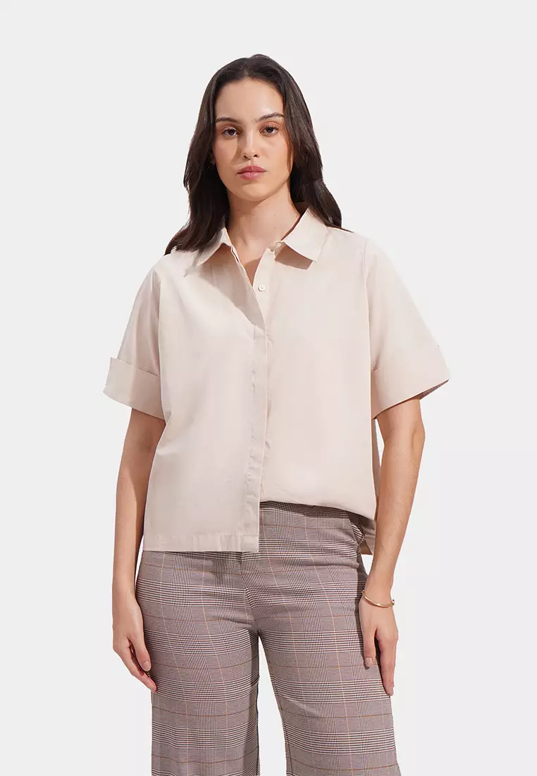 Tan shirt grey pants top
