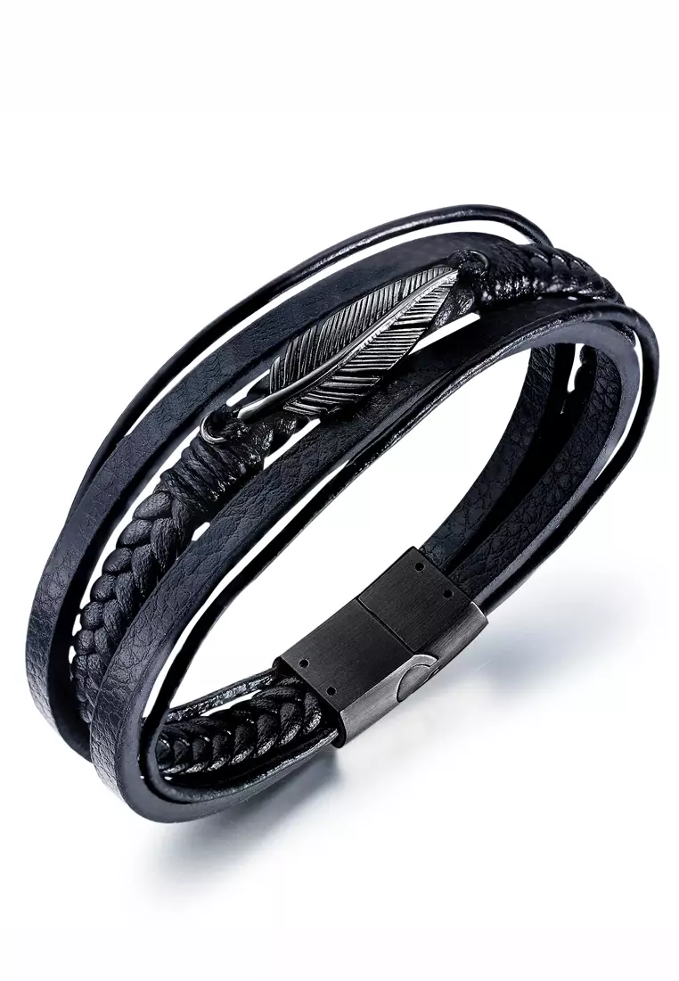 Mens black leather and silver clearance bracelets