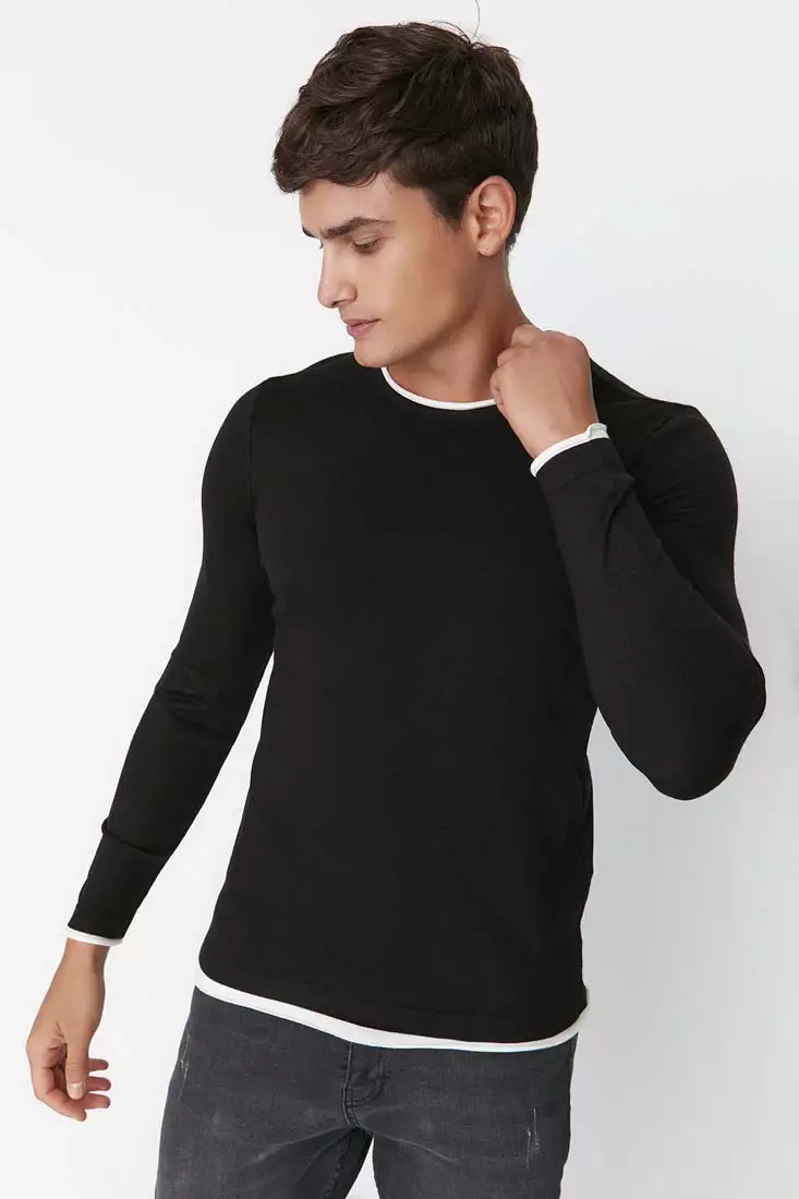Trendyol Black Men s Slim Fit Contrast Collar Pile Sweater