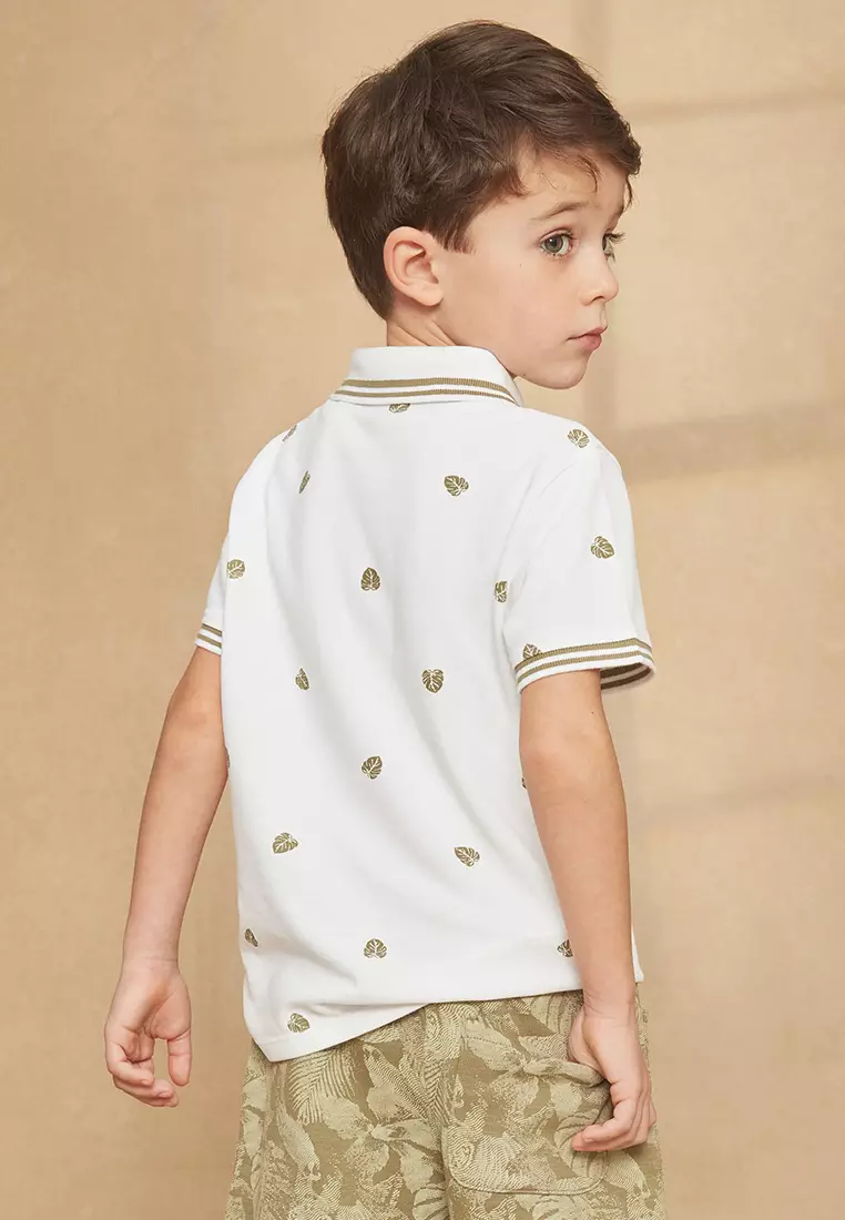 White Polo Shirt with Leaf print