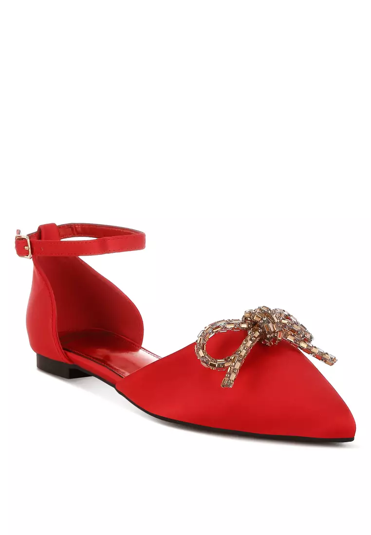 Rhinestone Detail Bow Flat Sandals in Red