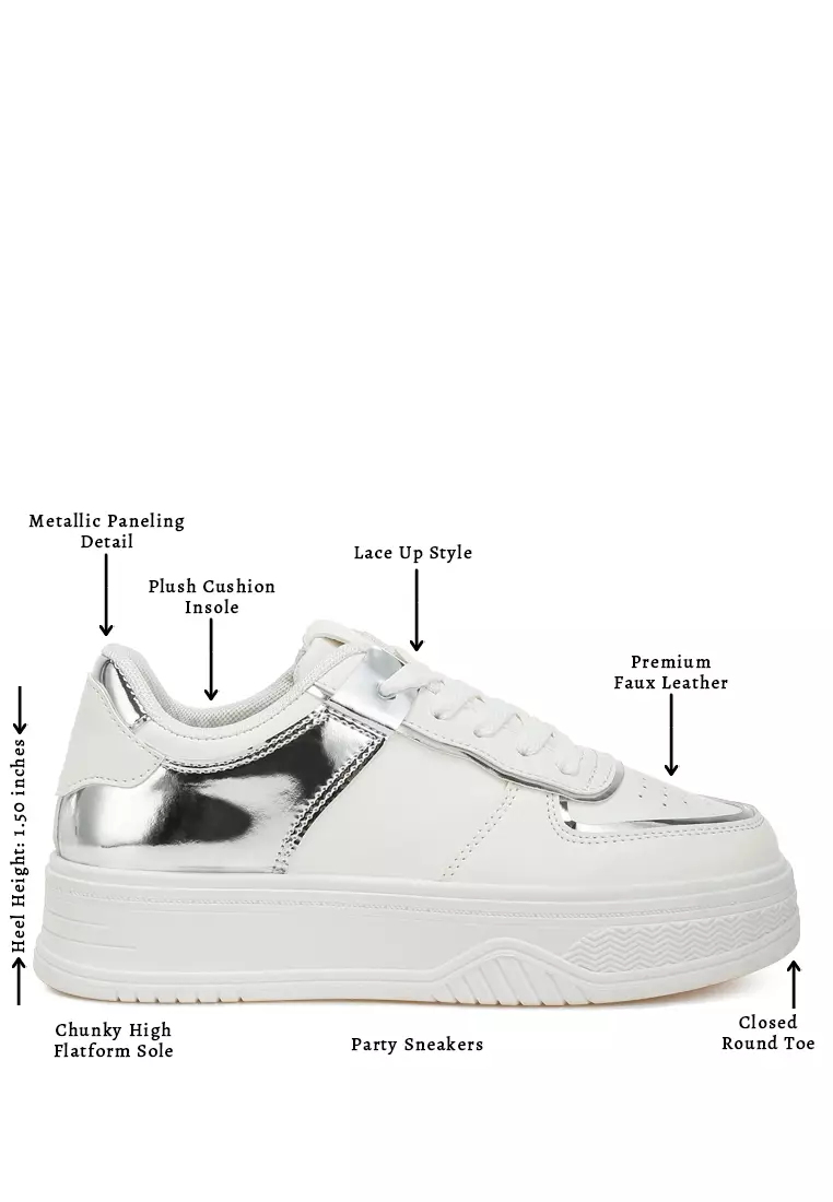 Metallic Paneling Platform Sneakers in White Silver