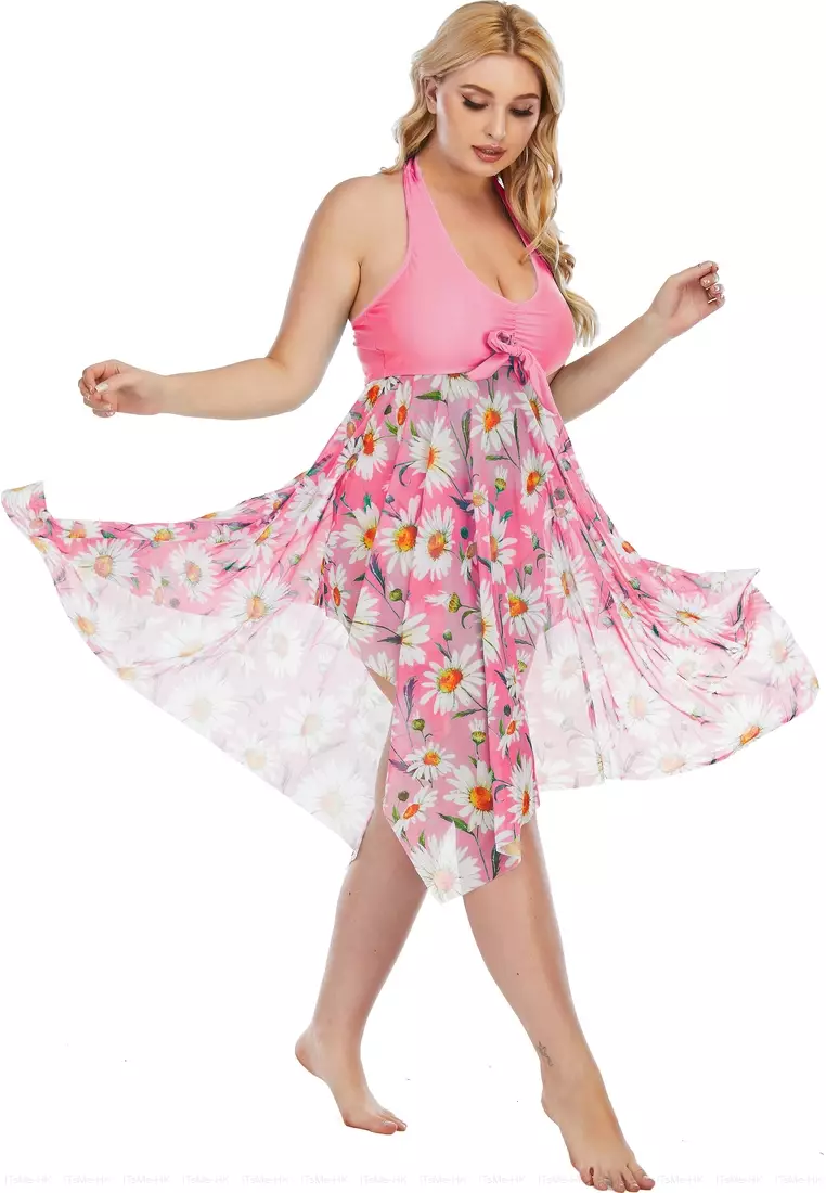 Chlorine Resistant! Beach Belle Pink Paradise Falls Plus Size Sarong Front  Swimsuit - Plus Size Swimwear