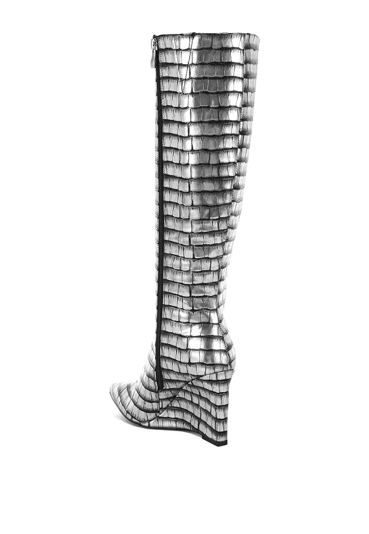 Sepatu bot panjang metalik Croco berwarna hitam