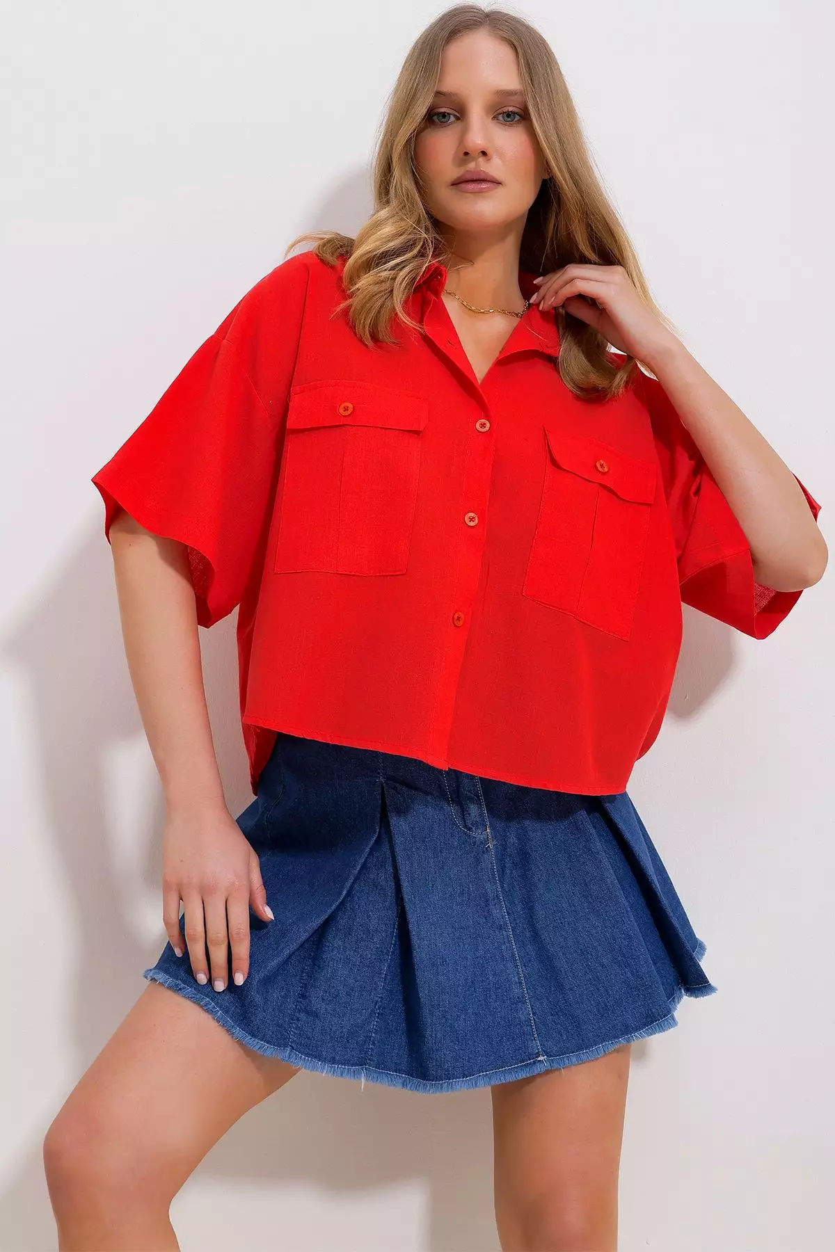 Women's Coral Double Pocket Half Sleeve Linen Shirt
