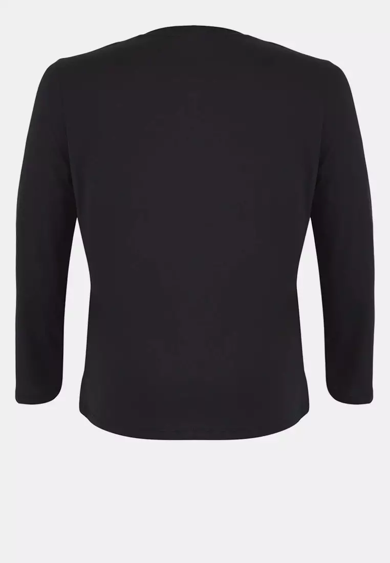 Black 100% Cotton Long Sleeve Crew Neck Regular Basic Knitted Plus Size T-Shirt Tbbaw26Bf00000