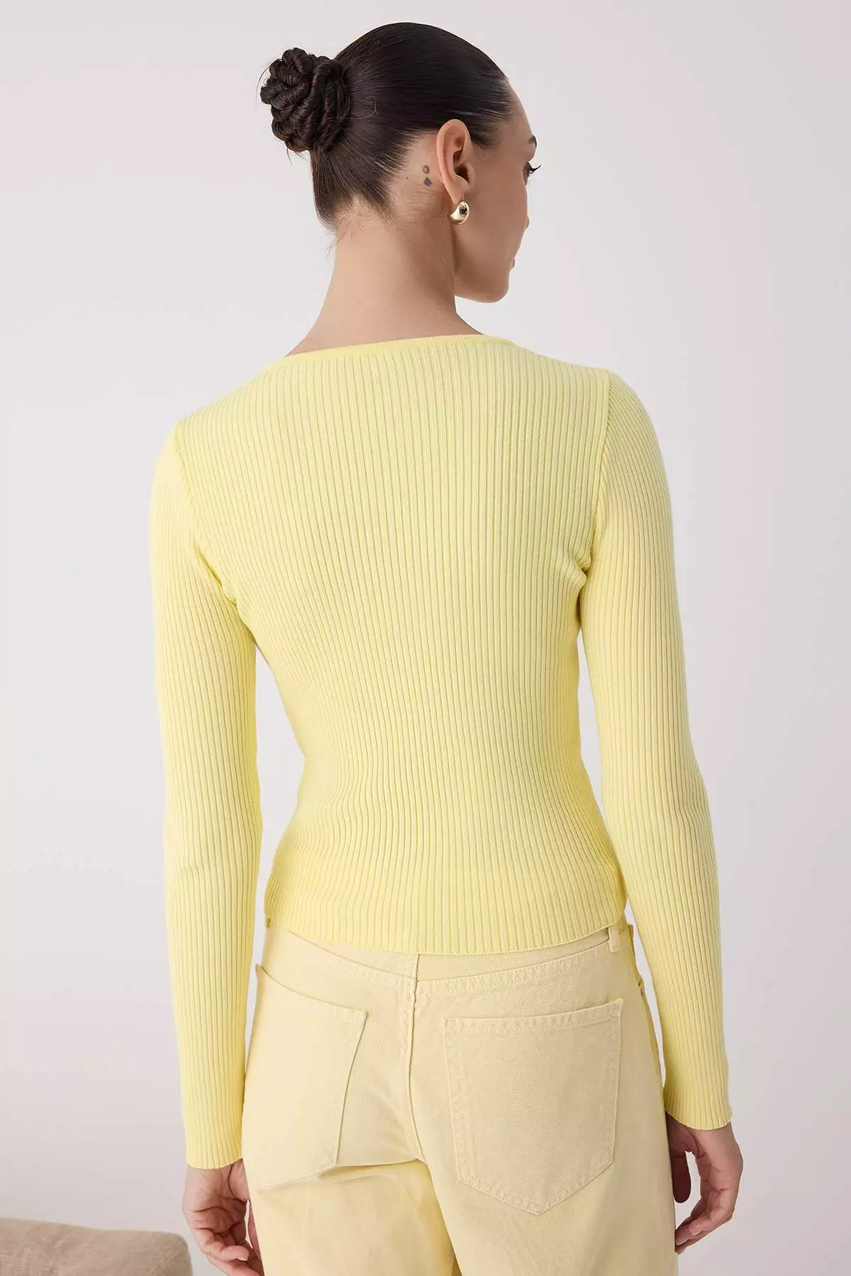 Yellow Mercerized Look Ribbed Knitwear Cardigan