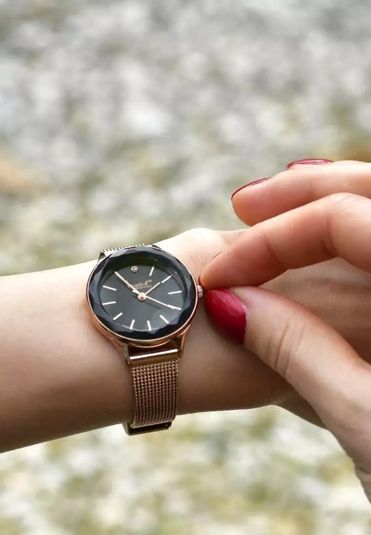Geometric Mineral Glass Feat SWAROVSKI®Crystal Watch Rose Gold Black