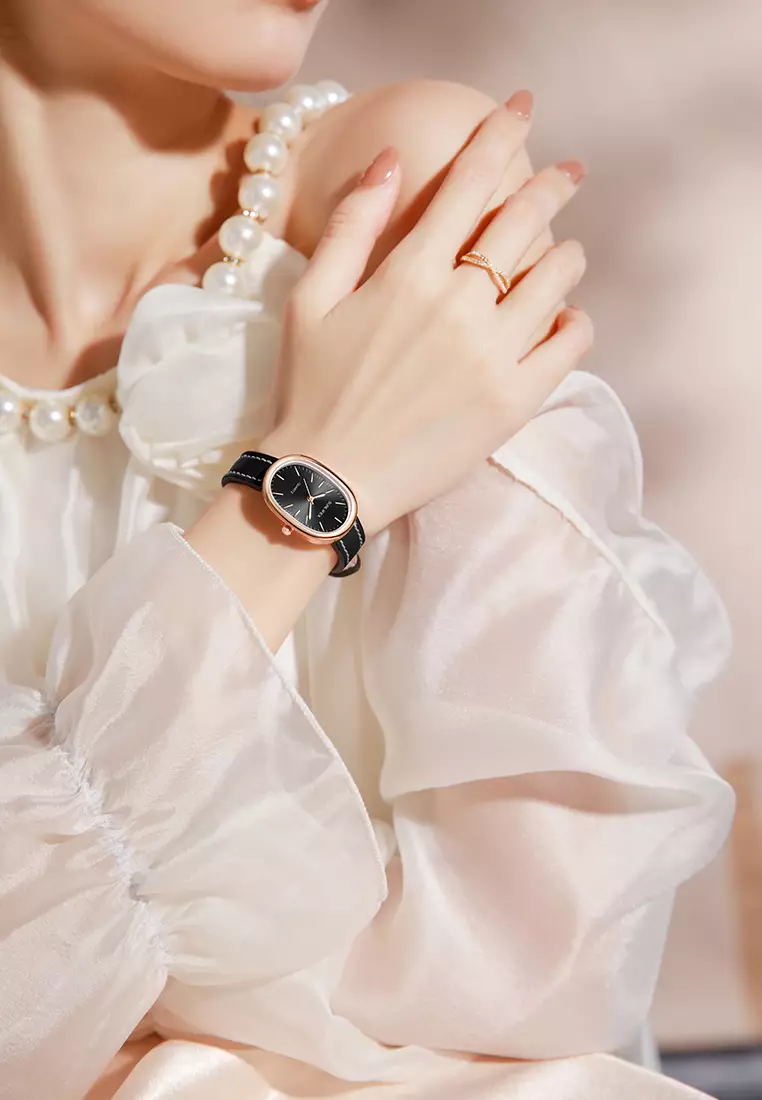 Jam Tangan Wanita Anggun Kuarsa Tali Kulit Gaya Antik Korea Jam Tangan Cewek SL6083 black