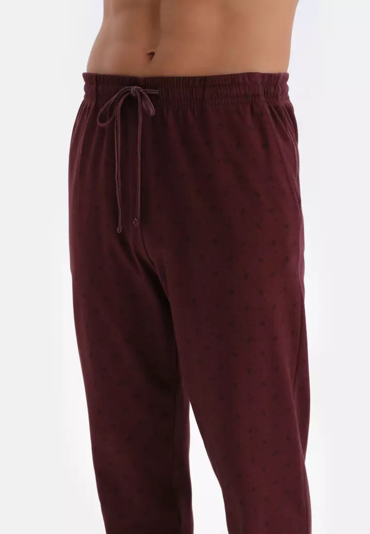 Bordeaux Shirt & Trousers Knitwear Set, Micro Print, Shirt Collar, Regular Fit, Long Leg, Long Sleeve Sleepwear for Men