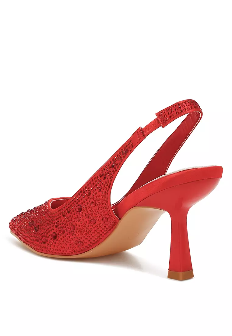 Luxurious Satin Pearl Slingback Sandals in Red