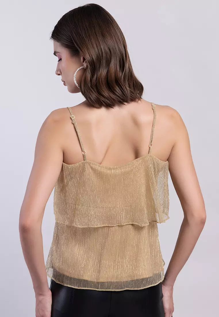 Gold Plisse Strappy Layered Top