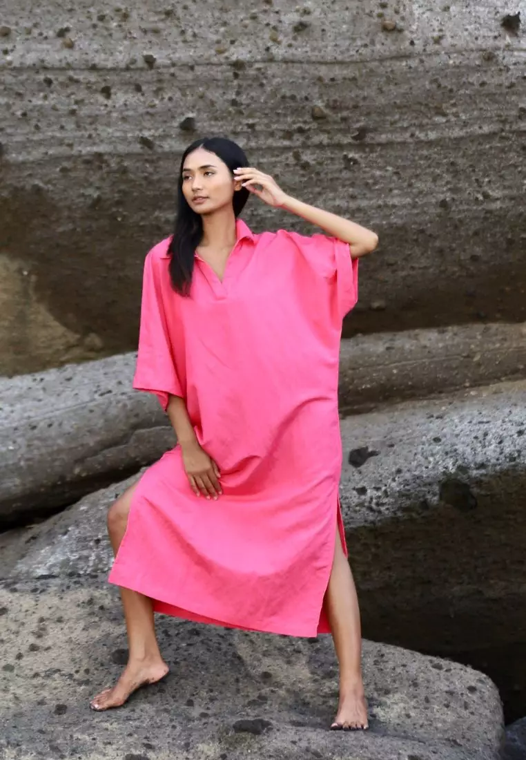 Alexandria Dress Kaftan Linen Wanita Pink | Linen Kaftan Dress Women Pink
