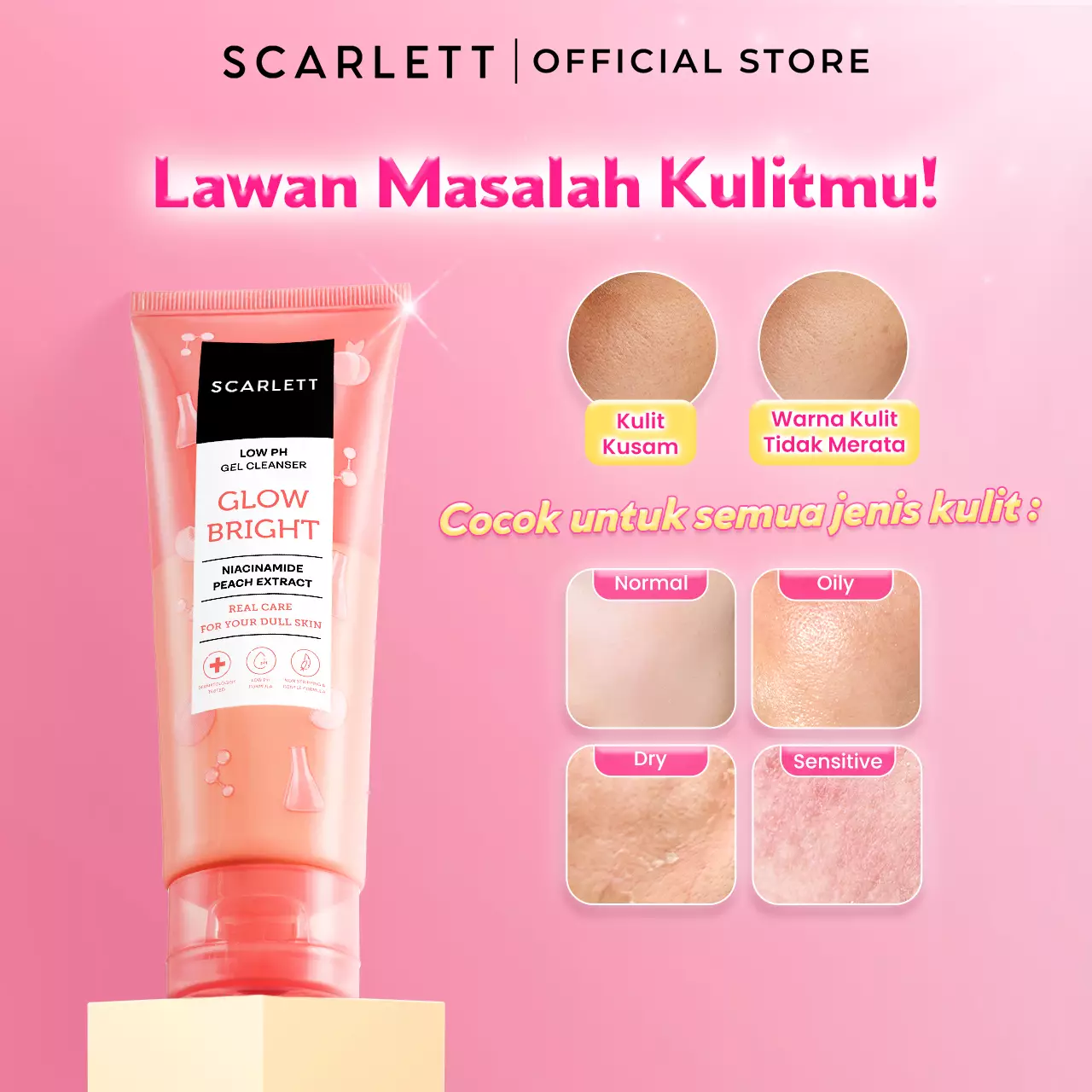 SCARLETT Low pH Glow Bright Gel Cleanser-Facial Wash Gentle Formula, Kulit Tidak Ketarik, Low pH Sensitive Skin Friendly, Repair Skin Barrier, Instant Tone Up, Mencerahkan, Pencerah Wajah, Niacinamide & Peach Extract. Scarlett Official Store