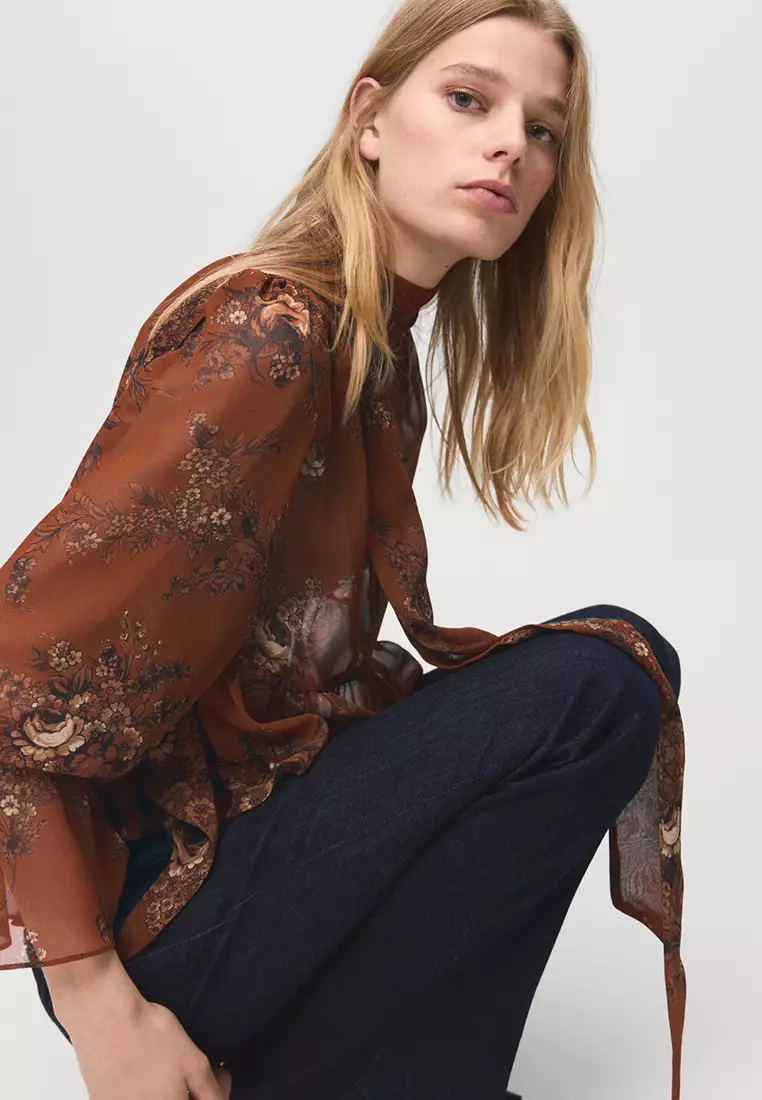 Floral-Print Blouse with Bow