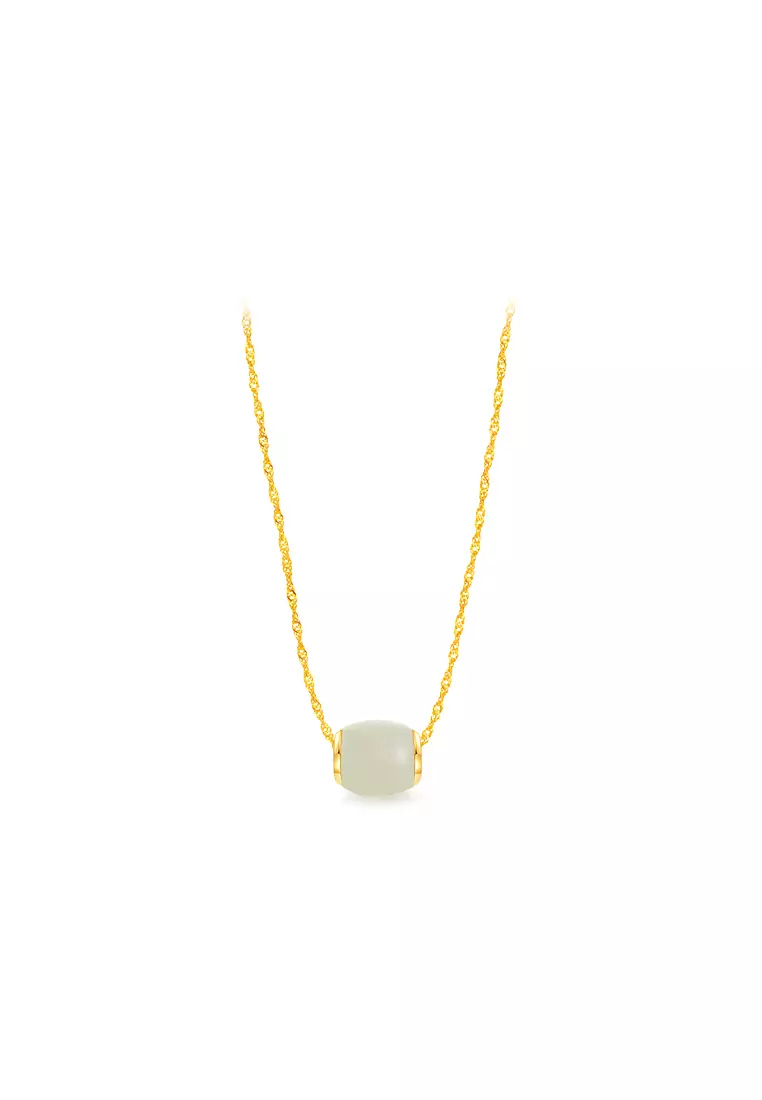 999.9/24K Gold Foil Inlaid White Jade with 375/9K Gold Wave Chain Necklace Set J3