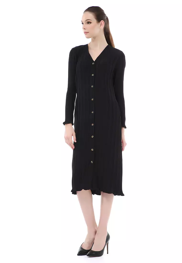 Rachel Dress Wanita Model Rempel Long Sleeve Side Pockets Material Crepe ORIGINAL - Black