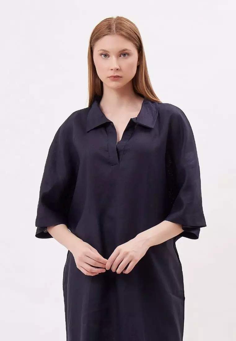 Kemer Dress Kaftan Linen Wanita Blue Black | Linen Kaftan Dress Women Blue Black