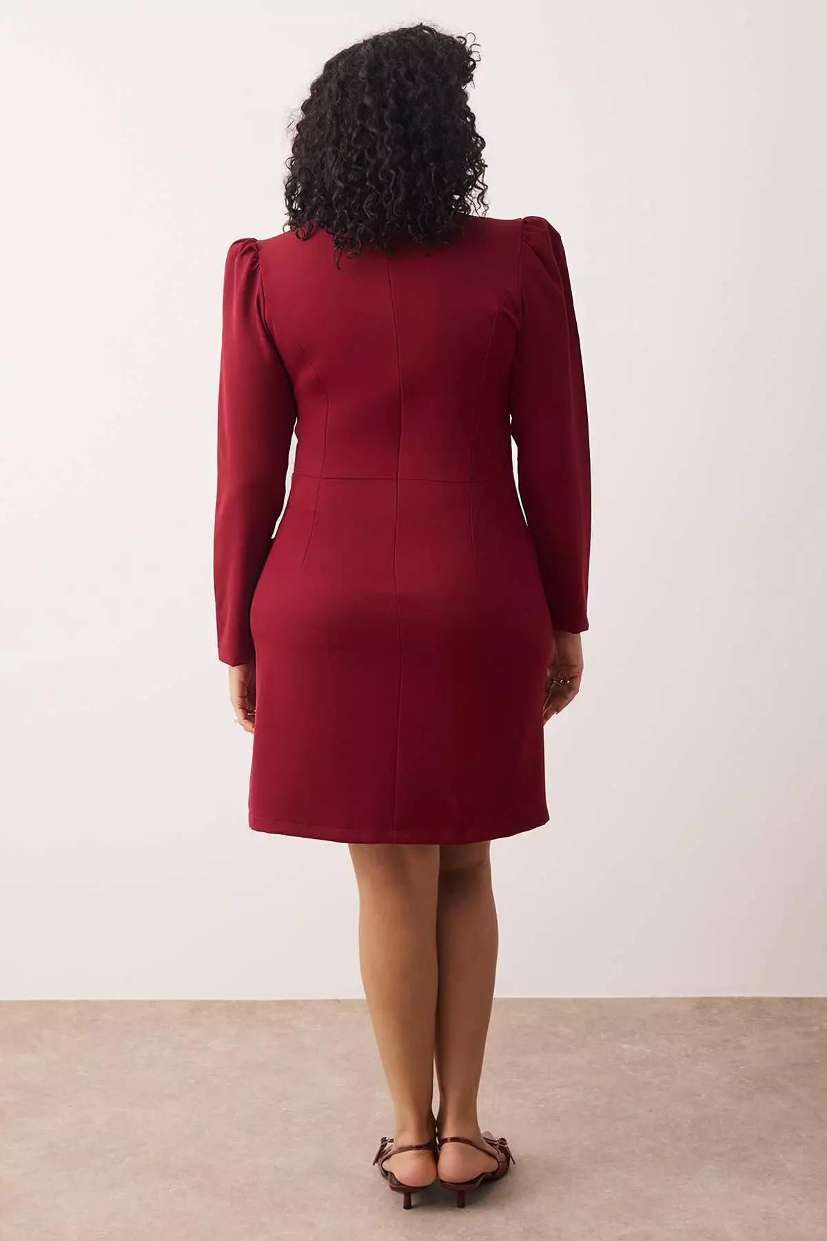 Burgundy V-Neck Balloon Sleeve Mini/Short Length Woven Dress