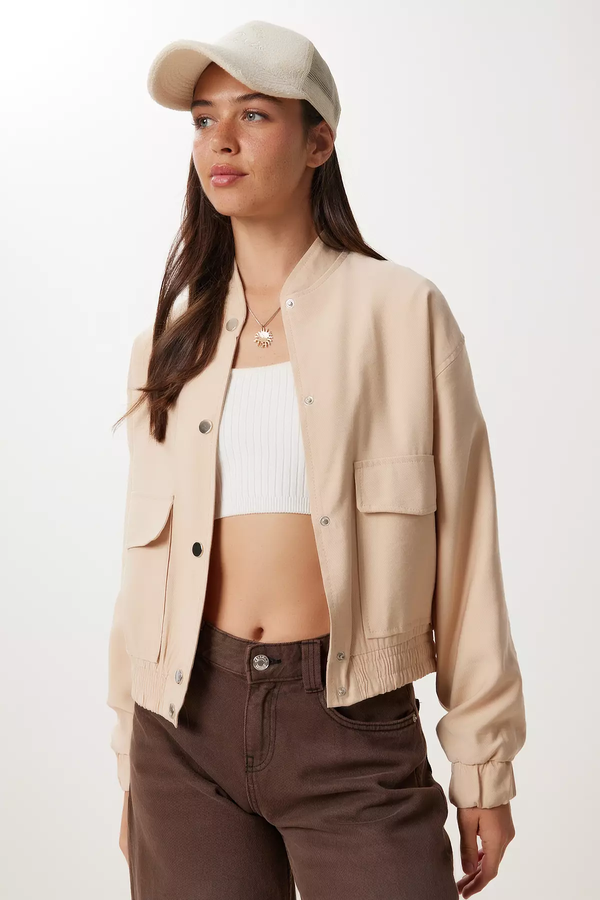 Women's Cream Gabardine Bomber Jacket With Flap Pockets Mx00235