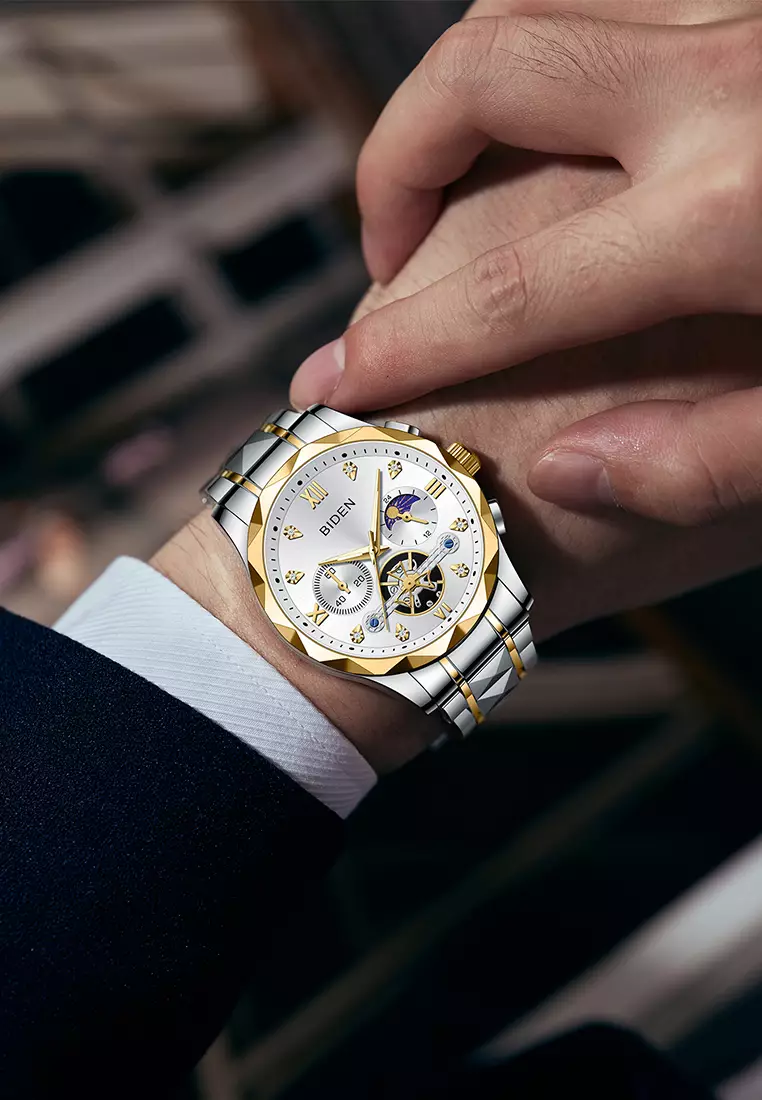 Jam Tangan Pria Multifungsi Mewah Tali Stainless Steel Anti Air Jam Tangan Cowok silvergold