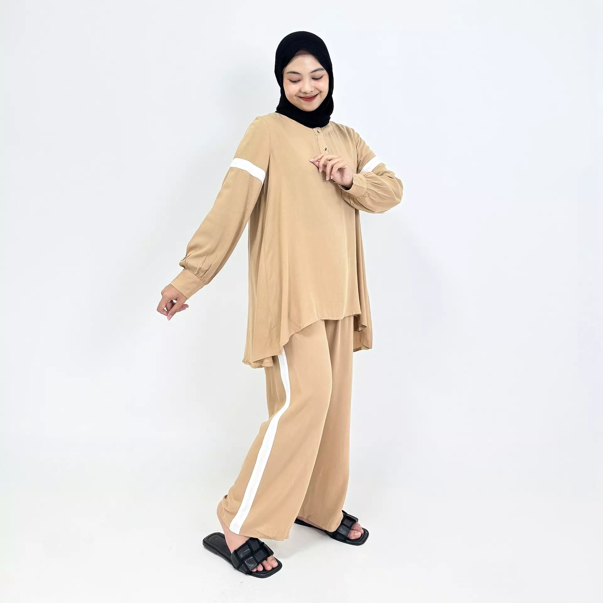 Piyama Cotton Ica [COKLAT MUDA] SIZE L-XL Baju Tidur Long Sleeve Long Pants Sleepwear