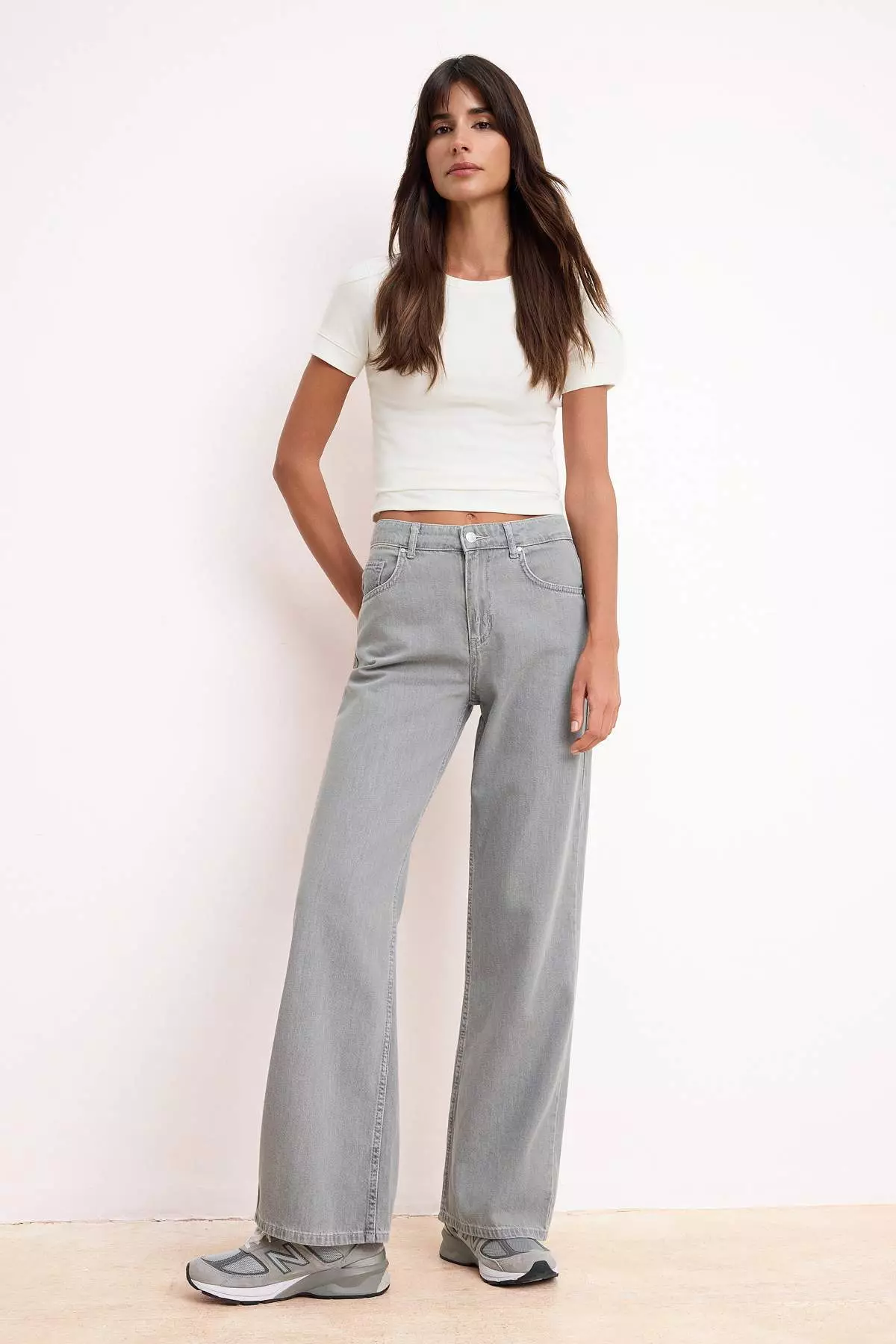 Gray Dumped High Waist Seasonal 1% Cotton Long Length Wi Wide Leg Eans Twoss26Je127