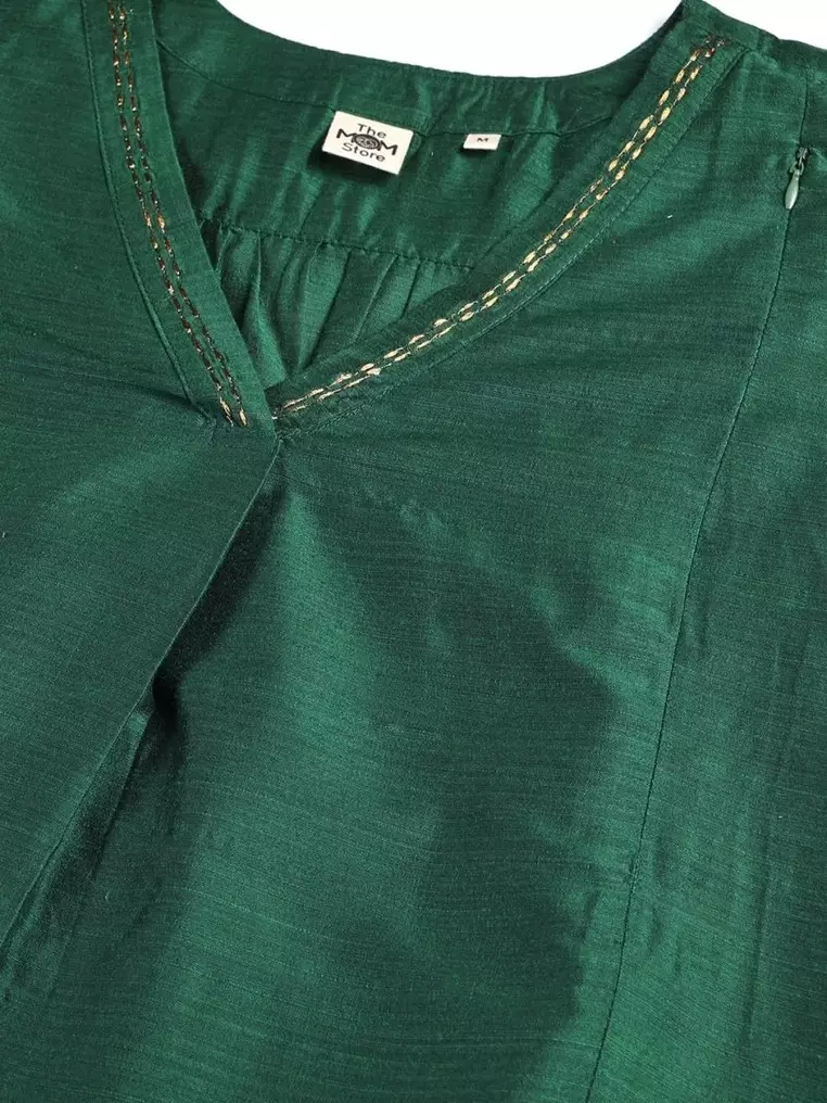 Maternity Silk Kurta Set with Nursing - Green