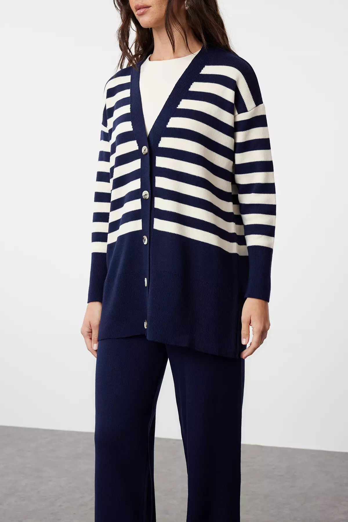 Navy Blue Knitwear Cardigan And Trousers Set - Tctaw24Us00054