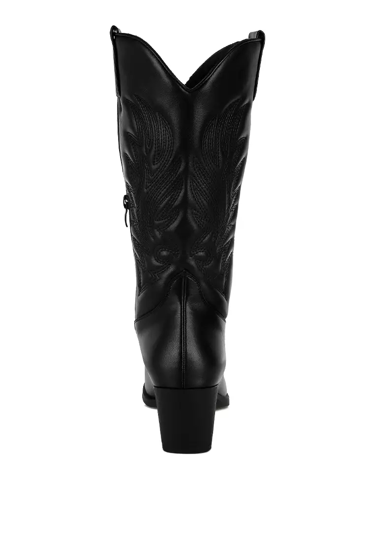 Sepatu bot koboi panjang berbahan kulit imitasi berwarna hitam