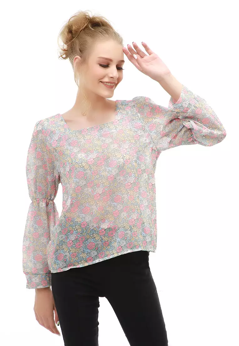 Cheva Blouse Flower Atasan Wanita Kasual Lengan Panjang Material Chiffon ORIGINAL - Multicolor