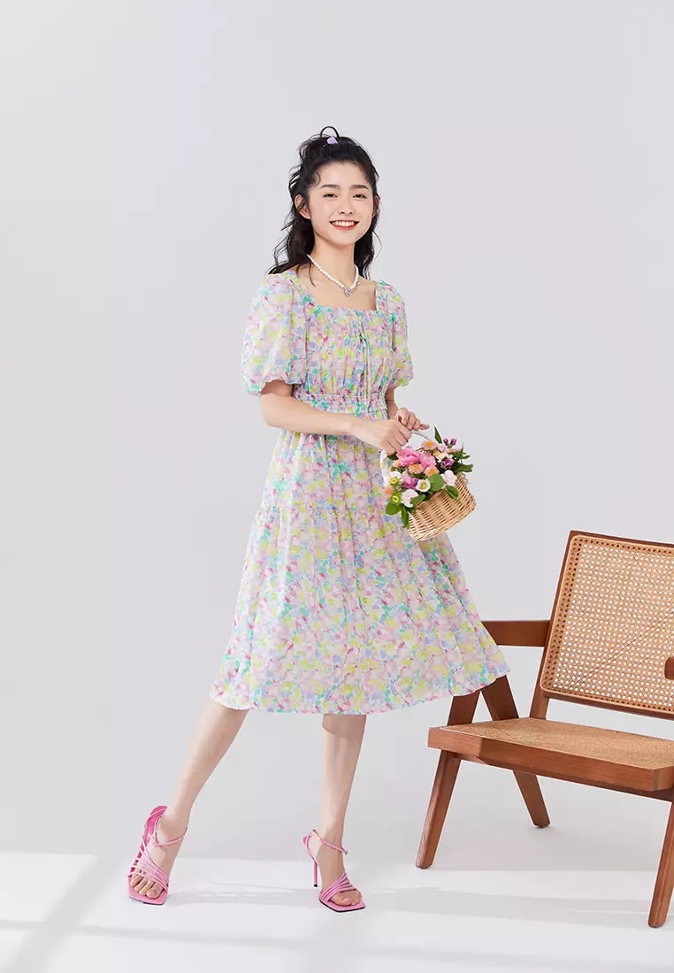 Square Neck Floral Tiered Midi Dress